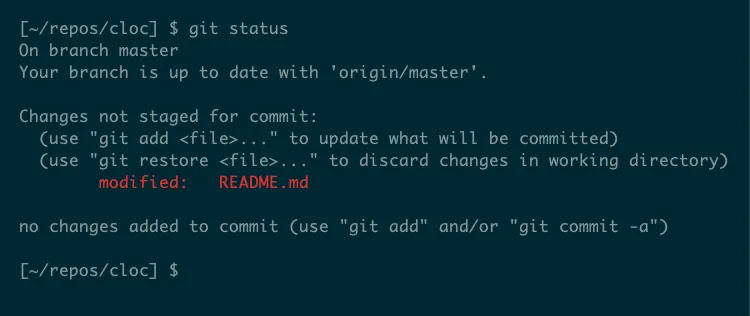 Kết quả lệnh &quot;git status&quot; cho thấy tệp README.md đã bị sửa đổi, chuẩn bị cho thao tác git add