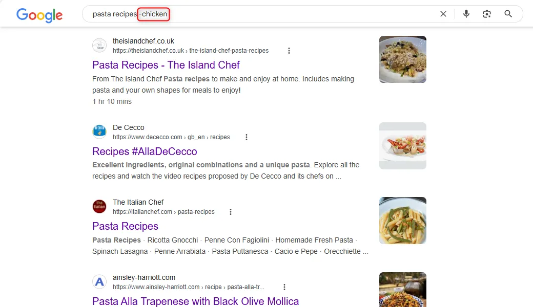 Kết quả tìm kiếm Google cho &quot;công thức mì Ý&quot; loại trừ từ &quot;gà&quot; bằng dấu trừ (-) để lọc bỏ các món không mong muốn