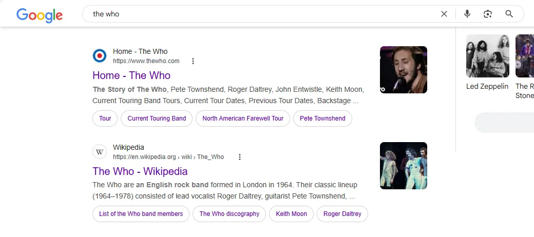 Kết quả tìm kiếm Google cho cụm từ &quot;the who&quot;, hiển thị thông tin về ban nhạc rock The Who