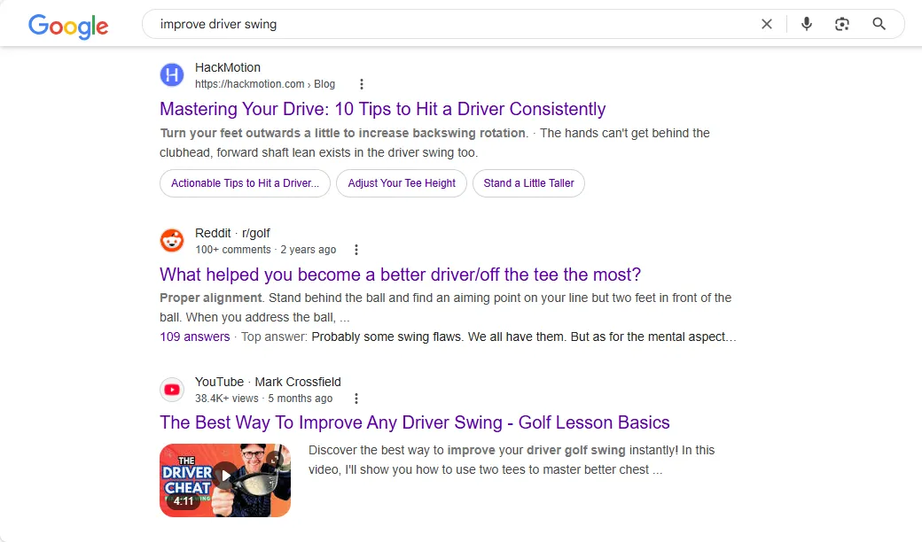 Kết quả tìm kiếm Google cho &quot;improve driver swing&quot; không có dấu ngoặc kép, hiển thị các từ khóa riêng lẻ
