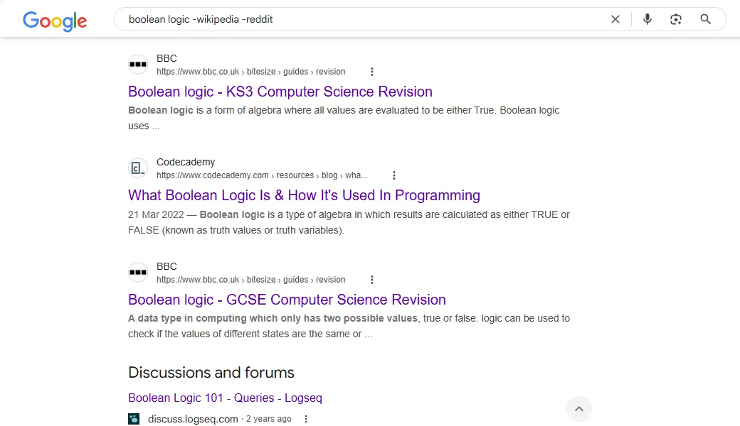 Kết quả tìm kiếm Google cho &quot;logic Boolean&quot; loại trừ các trang Wikipedia và Reddit khỏi kết quả