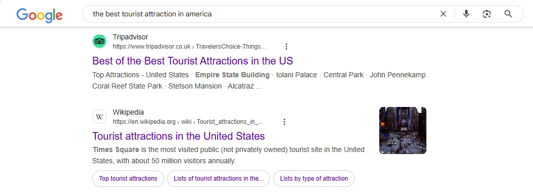 Kết quả tìm kiếm Google cho &quot;the best tourist attraction in america&quot;, cho thấy tầm quan trọng của stop word &quot;the&quot;