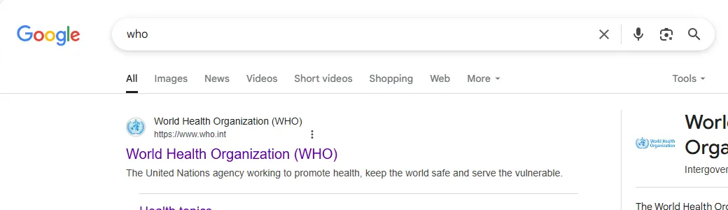 Kết quả tìm kiếm Google cho từ khóa &quot;who&quot;, hiển thị thông tin về Tổ chức Y tế Thế giới (WHO)