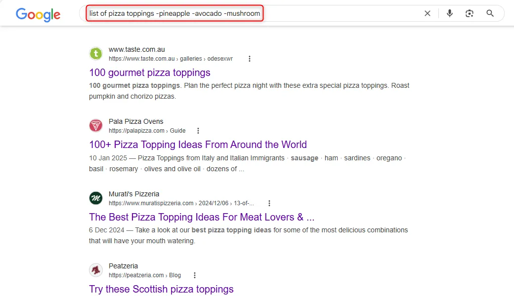 Kết quả tìm kiếm Google danh sách topping pizza loại trừ các từ &quot;dứa&quot;, &quot;bơ&quot;, &quot;nấm&quot; bằng dấu trừ