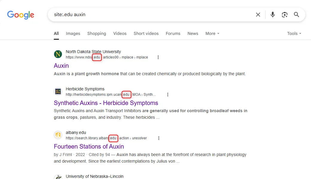 Kết quả tìm kiếm Google khi lọc theo tên miền .edu cho từ khóa &quot;auxin&quot;, chỉ hiển thị các trang web giáo dục