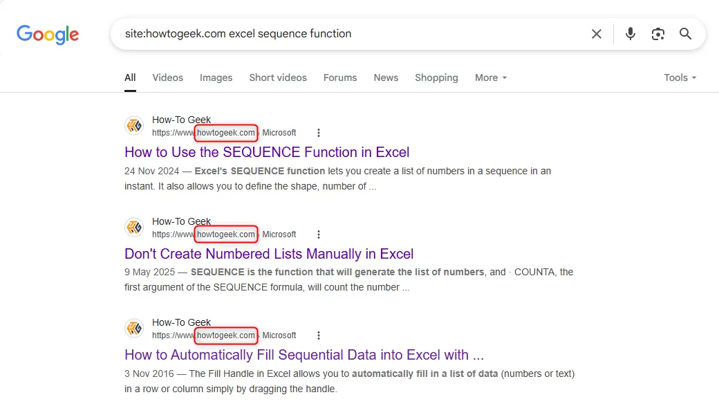 Kết quả tìm kiếm Google khi sử dụng cú pháp site: để lọc trang web cụ thể cho "excel sequence function"