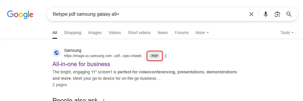 Kết quả tìm kiếm Google khi sử dụng filetype:pdf để chỉ hiển thị các tài liệu PDF cho &quot;samsung galaxy a9+&quot;