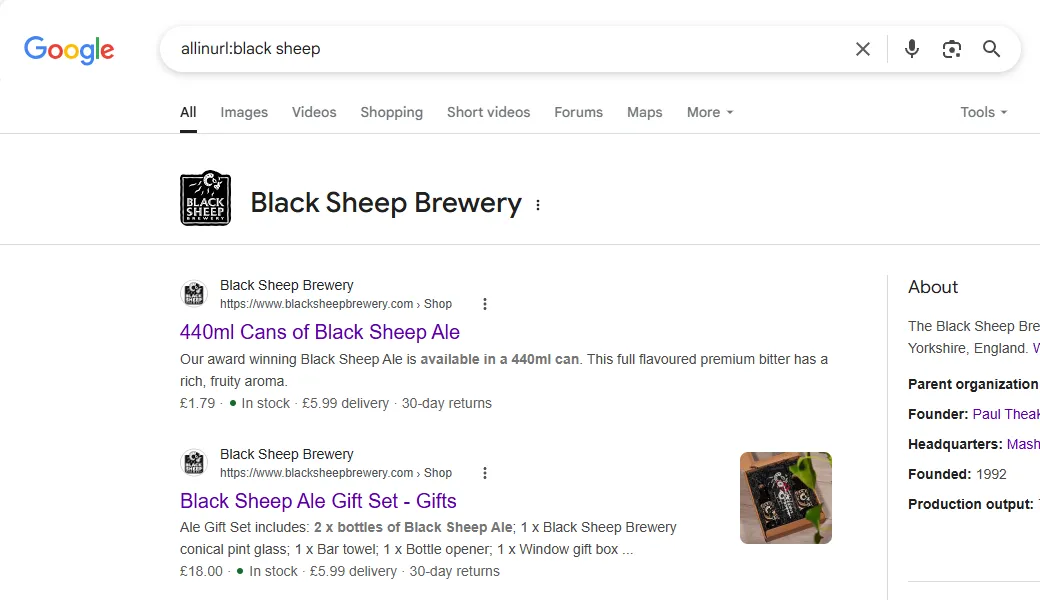 Kết quả tìm kiếm Google với cú pháp allinurl:black sheep, chỉ hiển thị URL chứa cả hai từ khóa