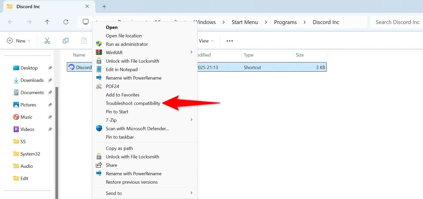 Khởi chạy Trình khắc phục sự cố tương thích từ menu chuột phải của ứng dụng trên Windows 11