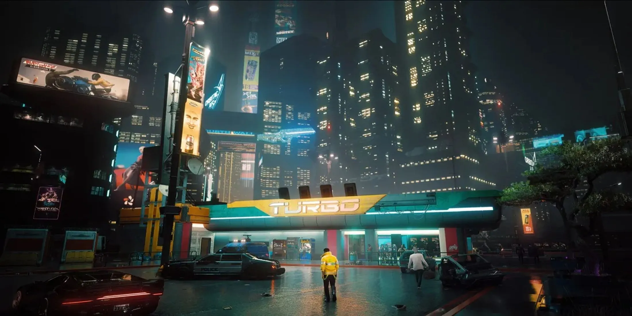 Khung cảnh toàn cảnh Night City về đêm trong Cyberpunk 2077, với ánh đèn neon rực rỡ