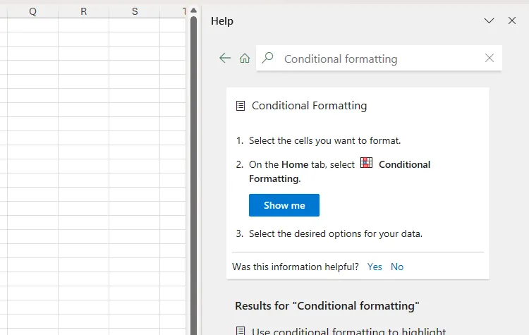 Khung Trợ giúp của Excel hiển thị các mẹo và hướng dẫn sử dụng định dạng có điều kiện