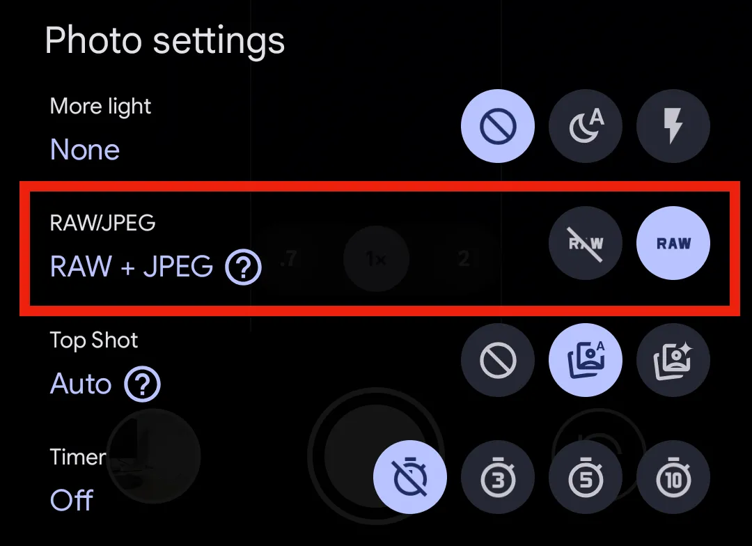 Kích hoạt chế độ chụp ảnh RAW/JPEG trên ứng dụng Pixel Camera để chất lượng cao nhất