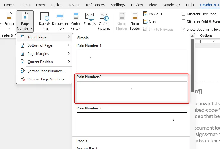 Kiểu đánh số trang căn giữa, định dạng đơn giản trong Microsoft Word.