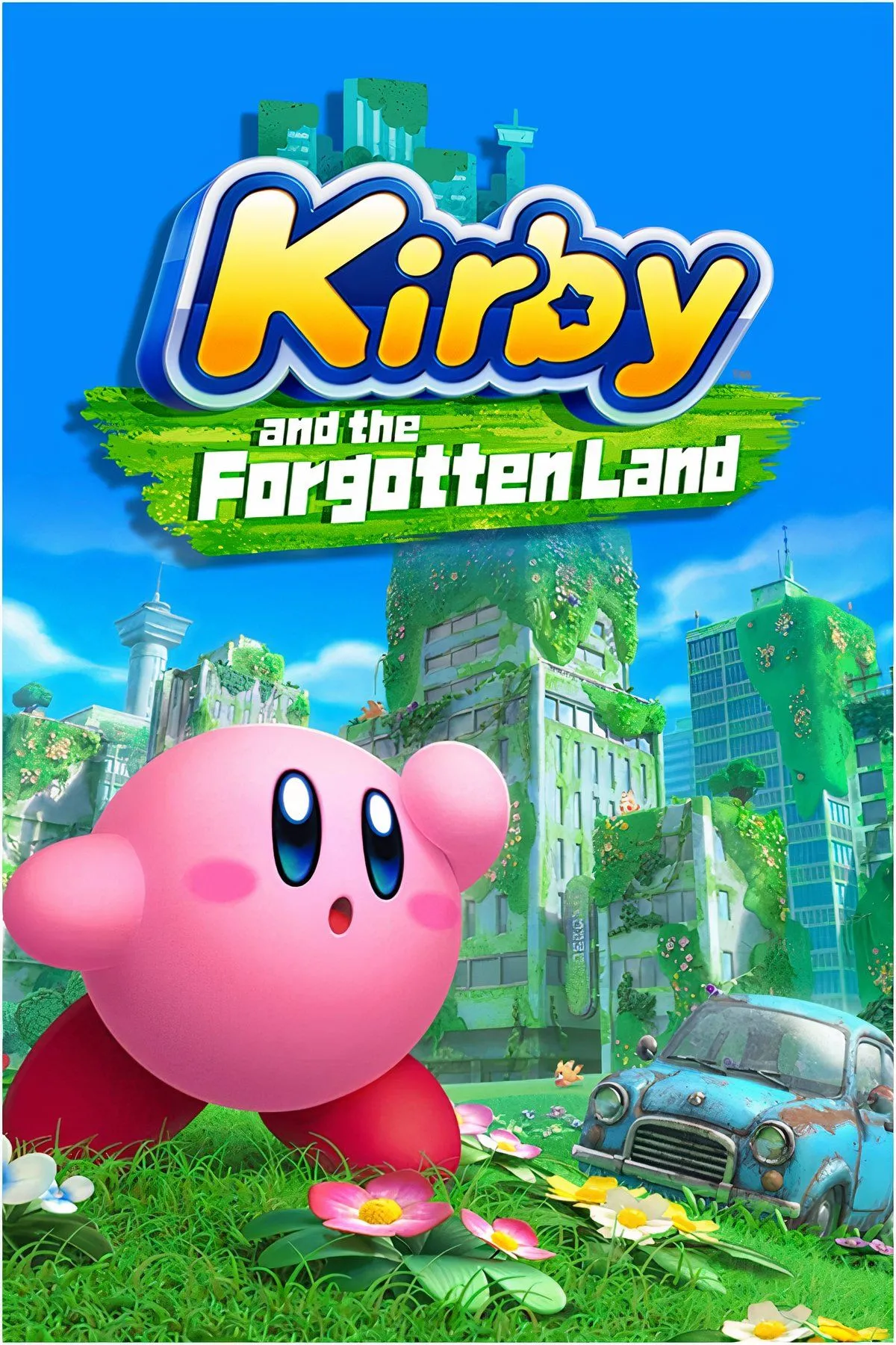 Kirby trong hình dạng ô tô đáng yêu đang lái xe trên một con đường đầy màu sắc trong thế giới 3D của Kirby and the Forgotten Land trên Nintendo Switch.