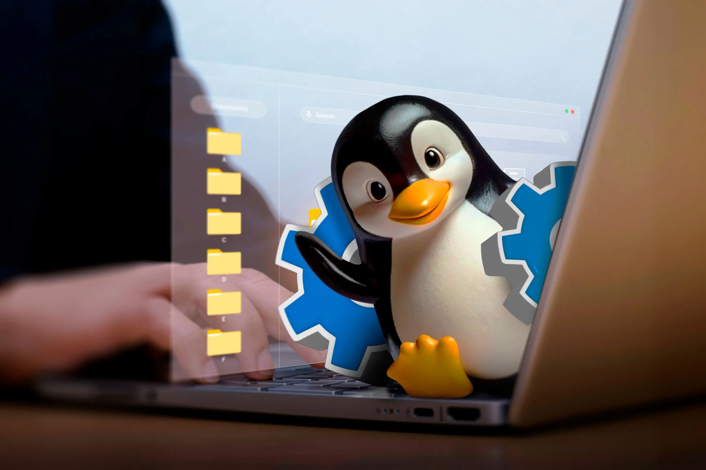 Laptop chạy Linux với linh vật Tux và các tệp tin, minh họa khả năng tối ưu phần cứng của hệ điều hành này