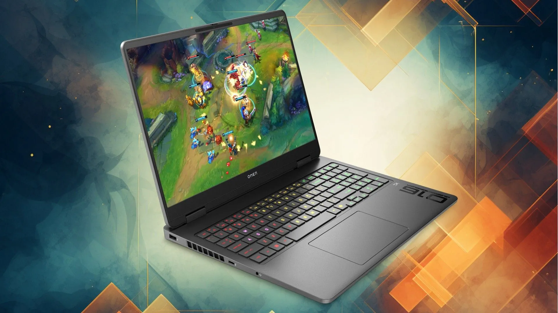 Laptop gaming HP OMEN 16 màu đen trên nền lục giác xanh cam