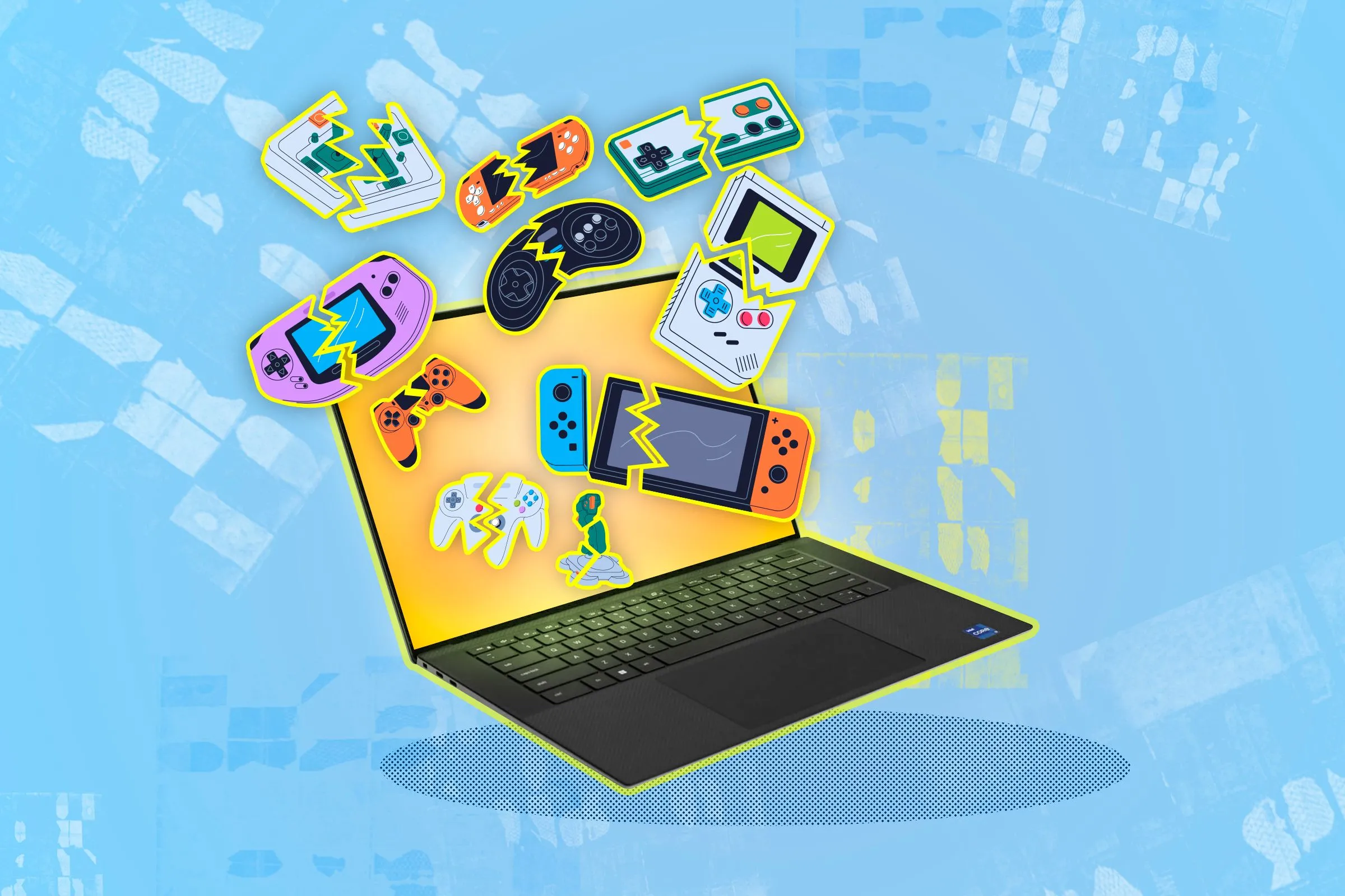 Laptop và các tay cầm chơi game bị hỏng, tượng trưng cho khả năng tái tạo trải nghiệm game retro của giả lập trên thiết bị hiện đại.