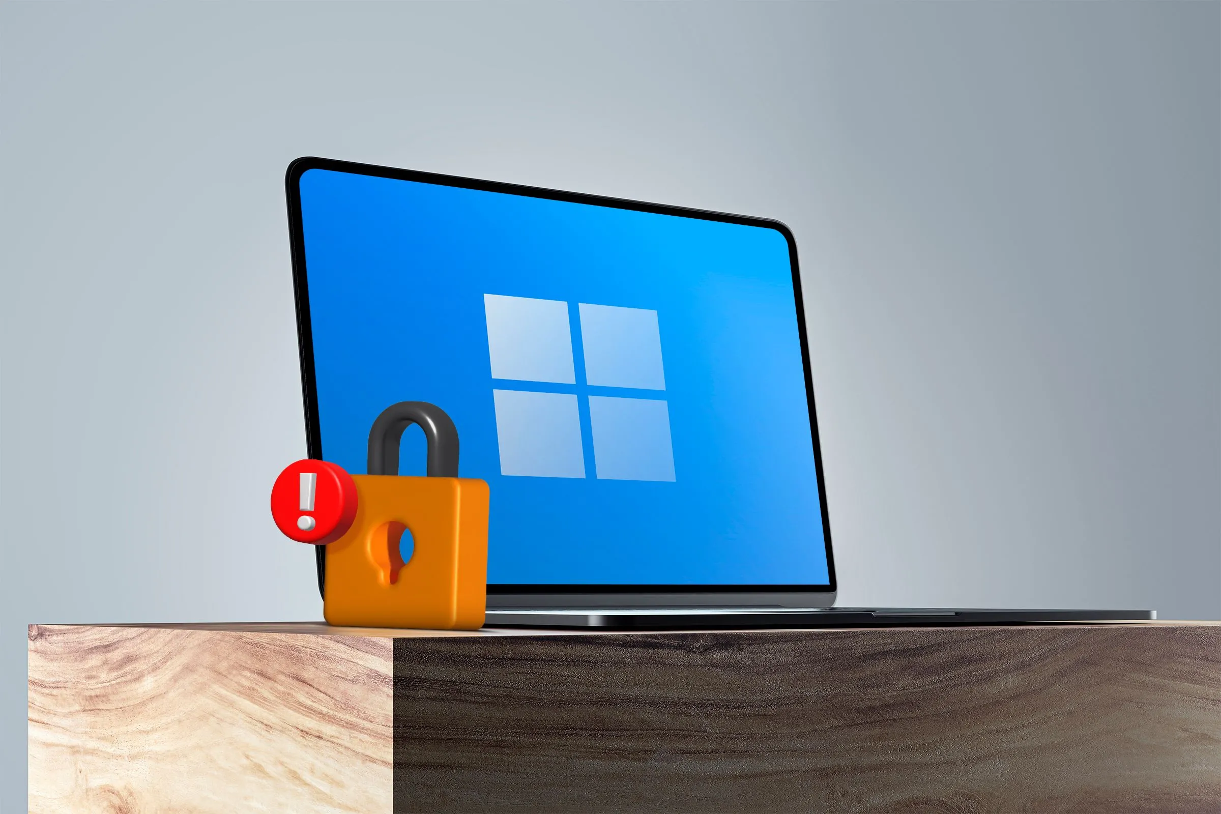 Laptop Windows với biểu tượng khóa và cảnh báo, minh họa các biện pháp bảo mật như mã hóa thiết bị.