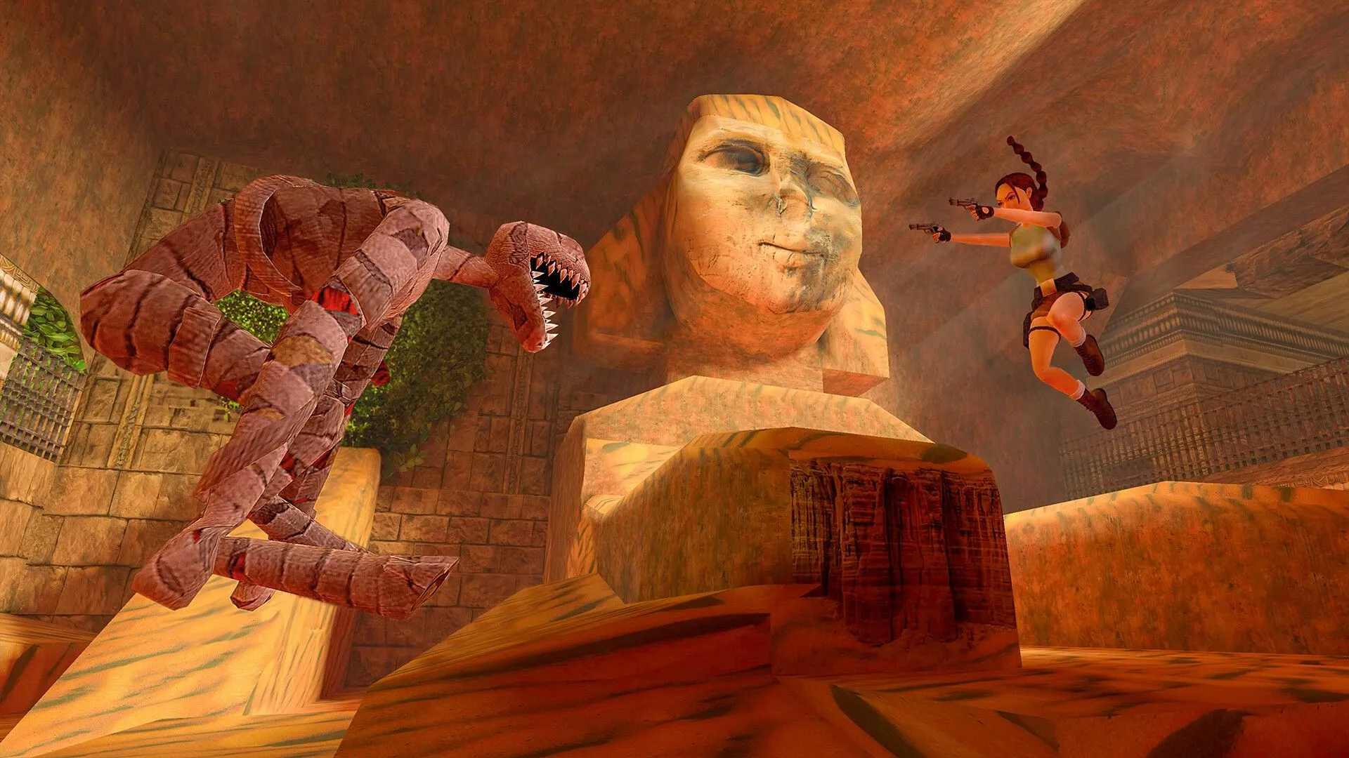 Lara Croft chĩa súng vào quái vật xác ướp trong Tomb Raider I-III Remastered, cảnh hành động cổ điển.