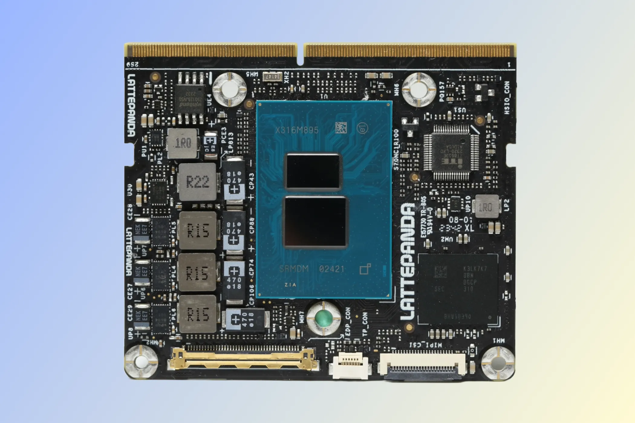 LattePanda Mu trên nền xanh lam nhạt, thể hiện thiết kế module nhỏ gọn