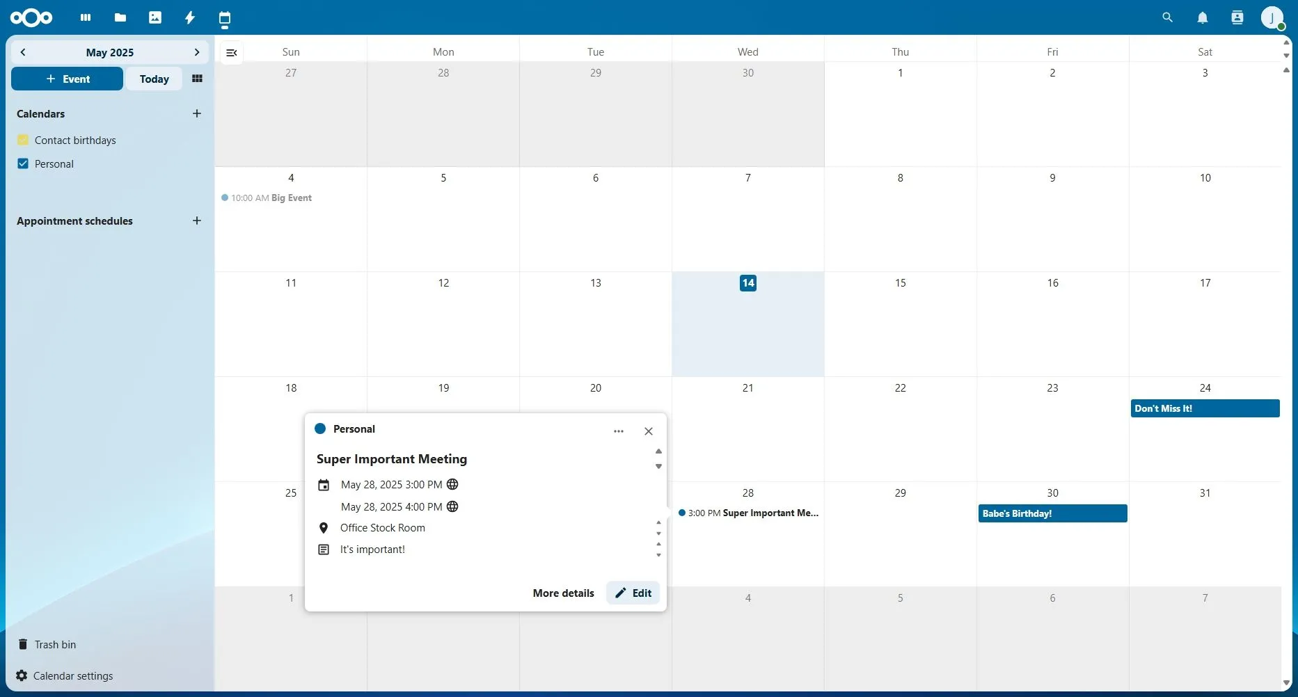 Lịch Nextcloud với các sự kiện và cuộc hẹn được hiển thị rõ ràng, hỗ trợ đồng bộ hóa.