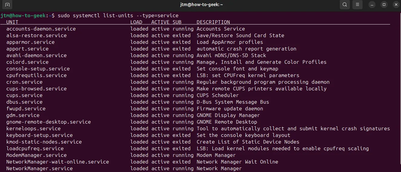 Liệt kê các dịch vụ đang chạy trên Ubuntu bằng lệnh systemctl