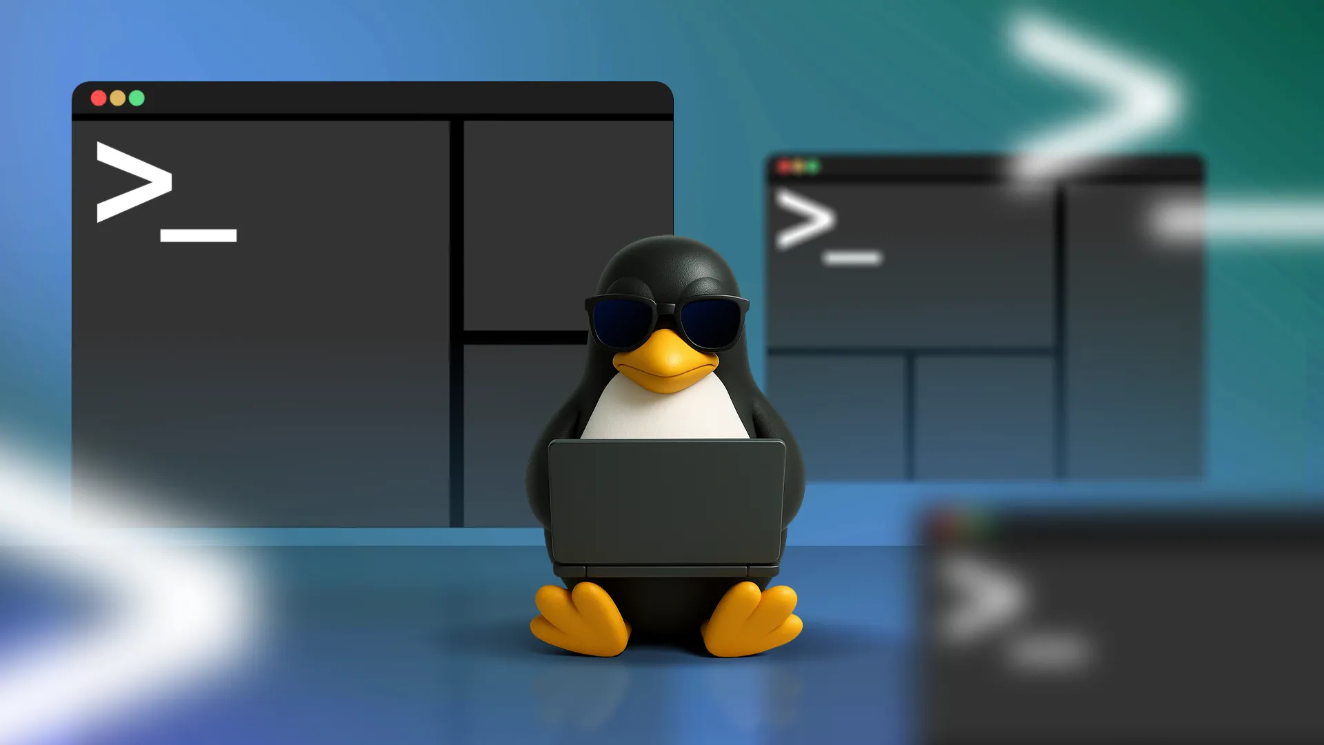 Linh vật Linux đang sử dụng laptop với nhiều cửa sổ Terminal multiplexer xung quanh, thể hiện sự linh hoạt
