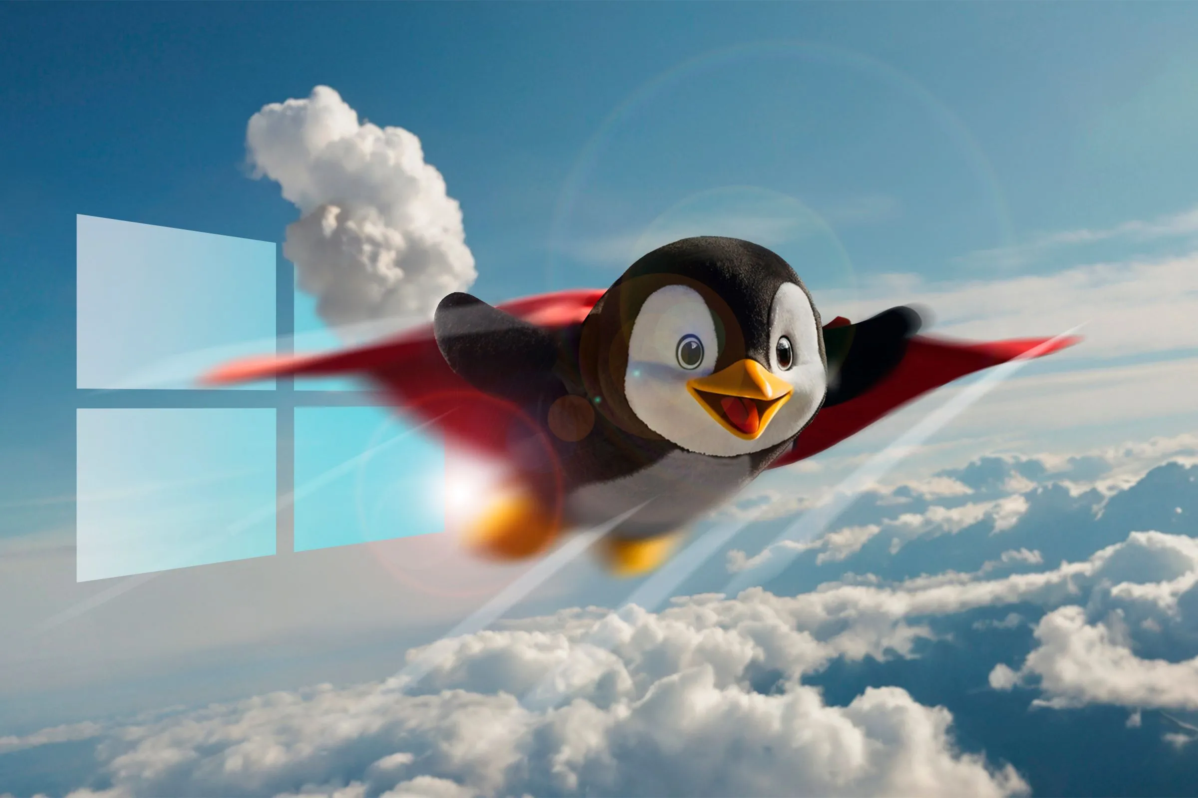 Linh vật Linux Tux bay trên mây với logo Windows phía sau, tượng trưng cho sự tích hợp giữa hai hệ điều hành