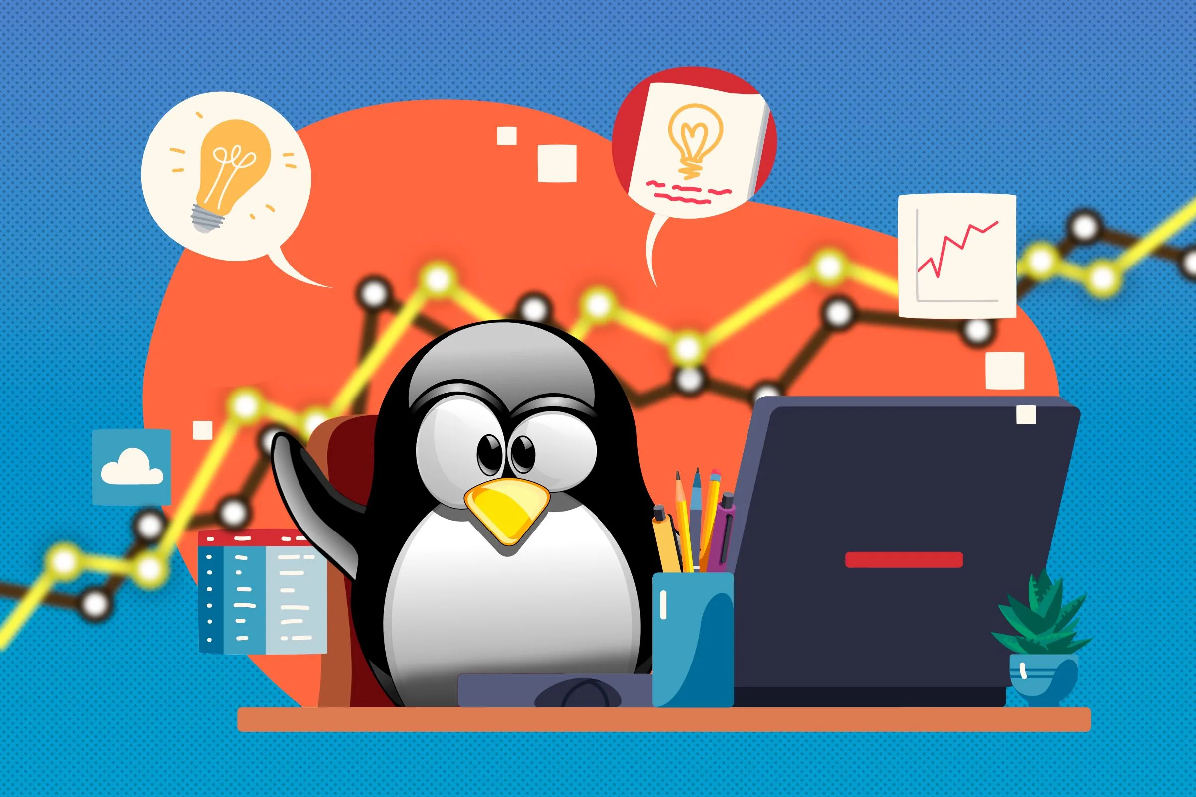Linh vật Linux Tux làm việc hiệu quả tại bàn làm việc với các biểu tượng năng suất