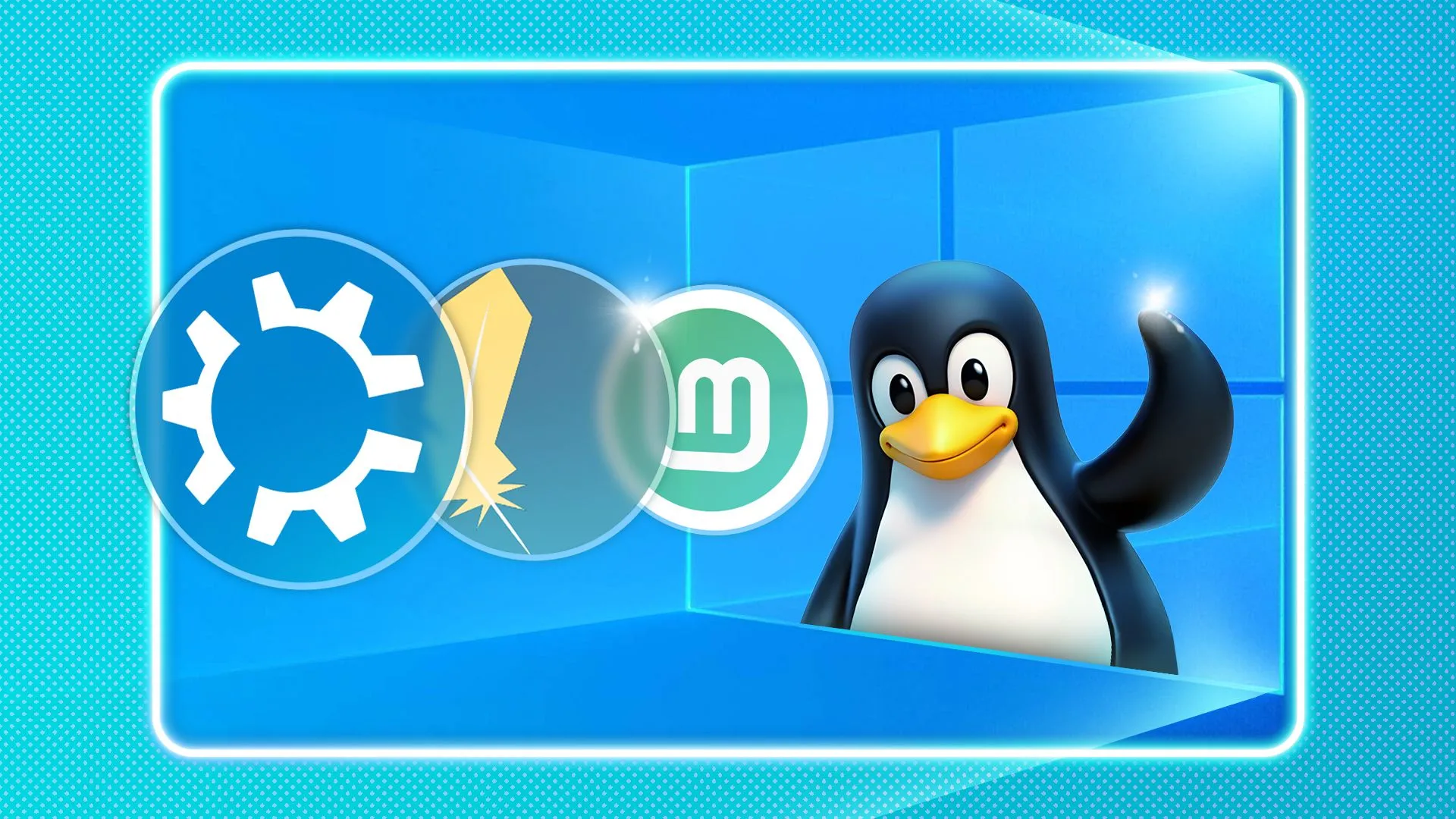 Linh vật Linux vẫy tay bên trong logo Windows 10, phía trước là logo của một số bản phân phối Linux.