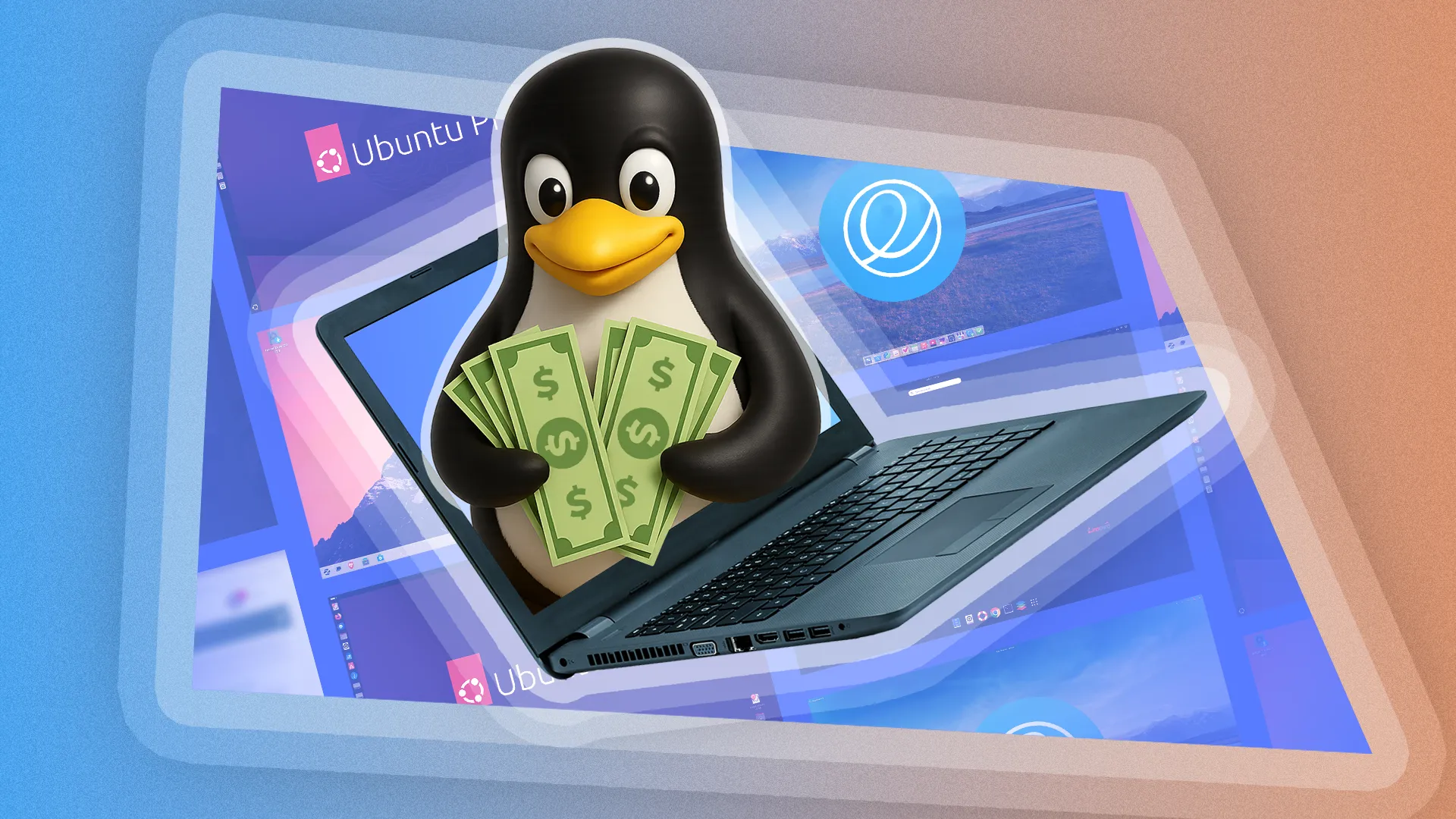 Linh vật Tux của Linux cầm tiền bước ra từ màn hình laptop, biểu tượng cho lợi ích tài chính và sự đa dạng của các bản phân phối Linux mã nguồn mở.