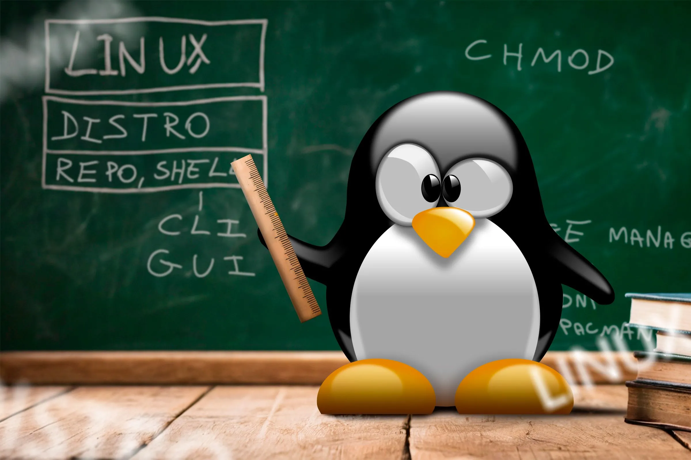 Linh vật Tux của Linux trước bảng đen giải thích thuật ngữ Linux