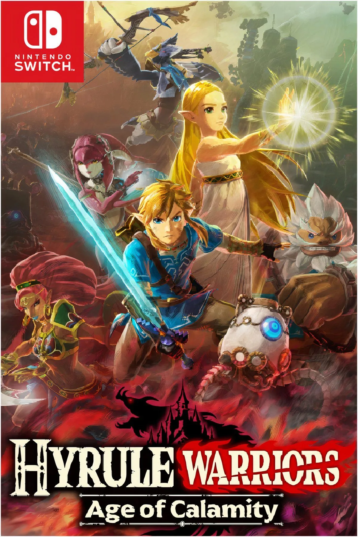 Link cùng các chiến binh Hyrule đang chiến đấu chống lại Calamity Ganon với quy mô lớn trong bản demo Hyrule Warriors: Age of Calamity trên Nintendo Switch.