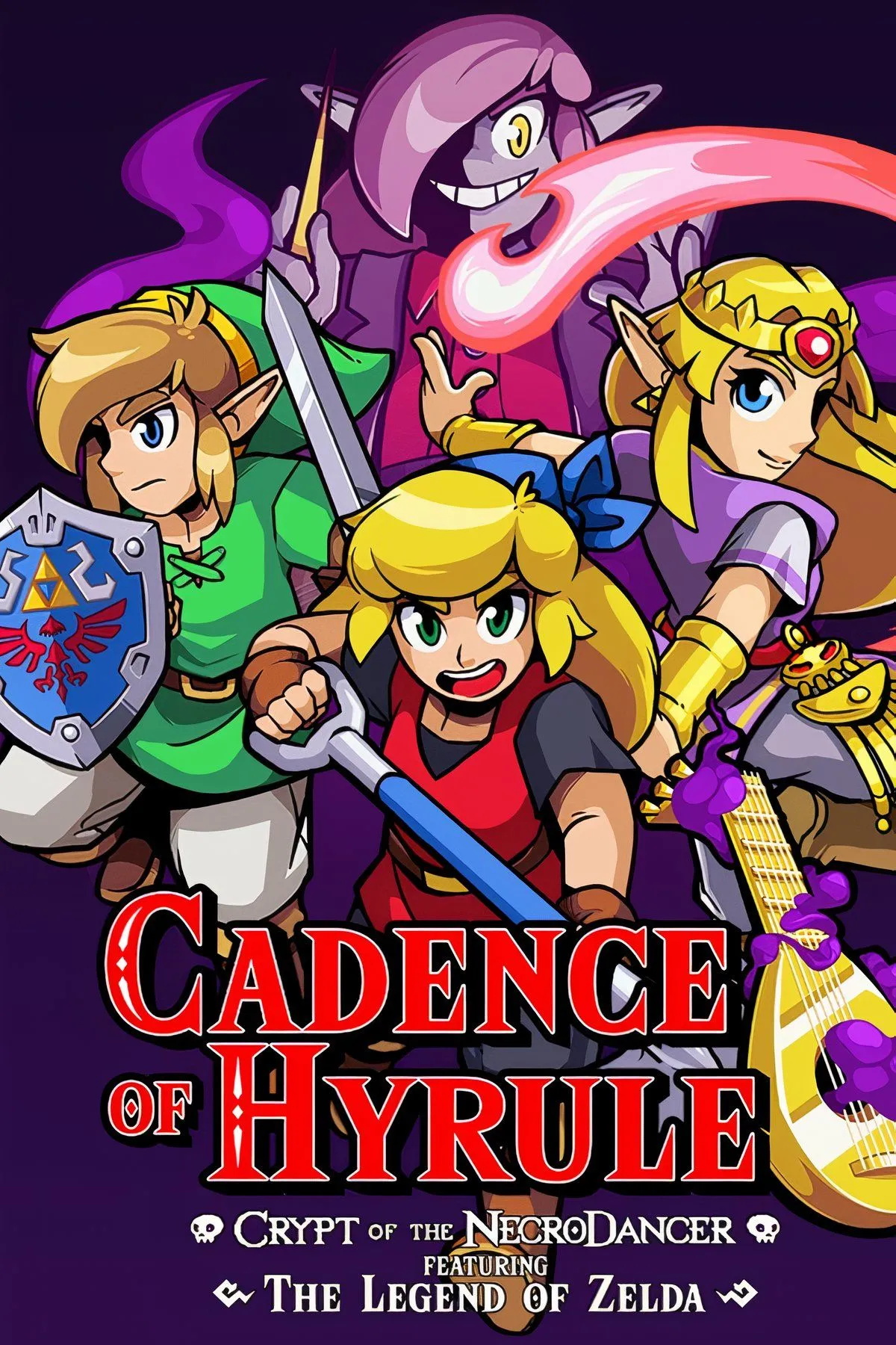 Link và Zelda nhảy múa theo nhịp điệu trong một trận chiến với quái vật trong game Cadence of Hyrule: Crypt of the NecroDancer trên Nintendo Switch.