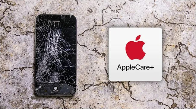 Logo AppleCare+ bên cạnh một chiếc iPhone màn hình nứt, thể hiện dịch vụ bảo hành