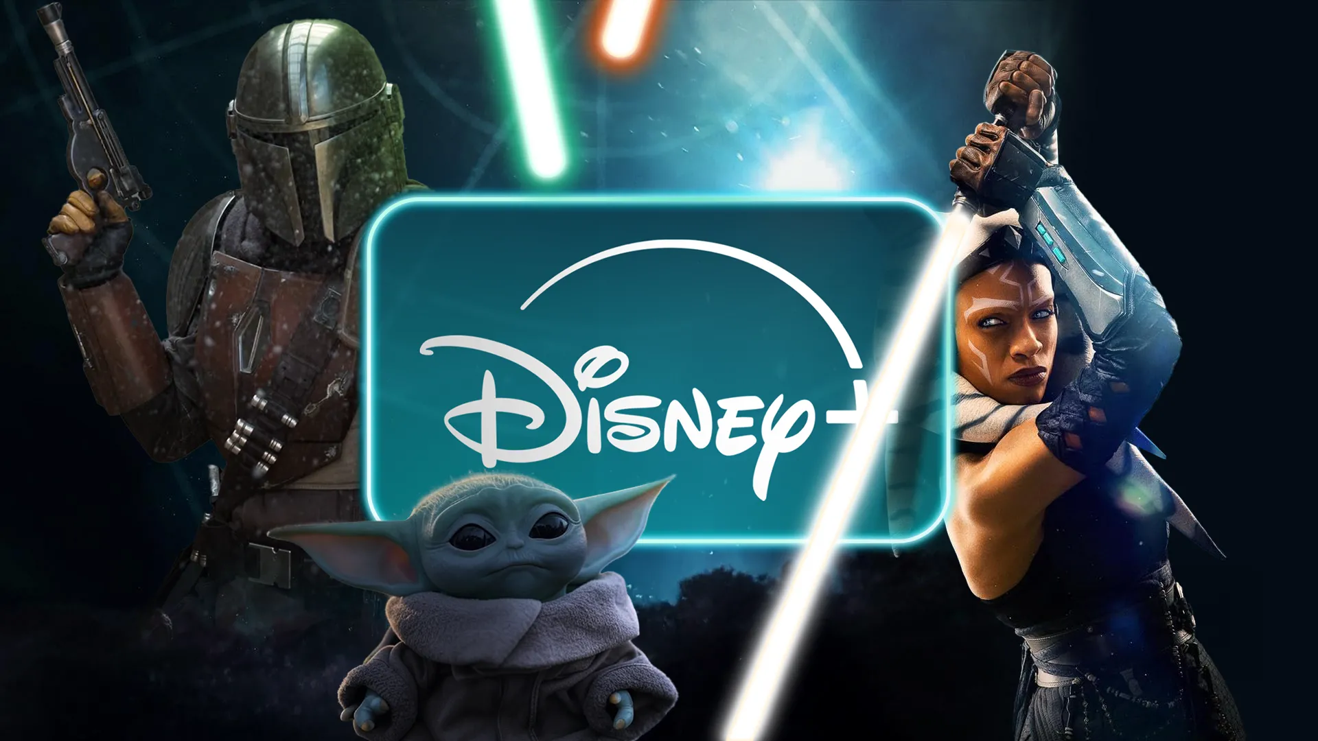 Logo Disney+ với hình ảnh The Mandalorian, Baby Yoda và Ahsoka Tano