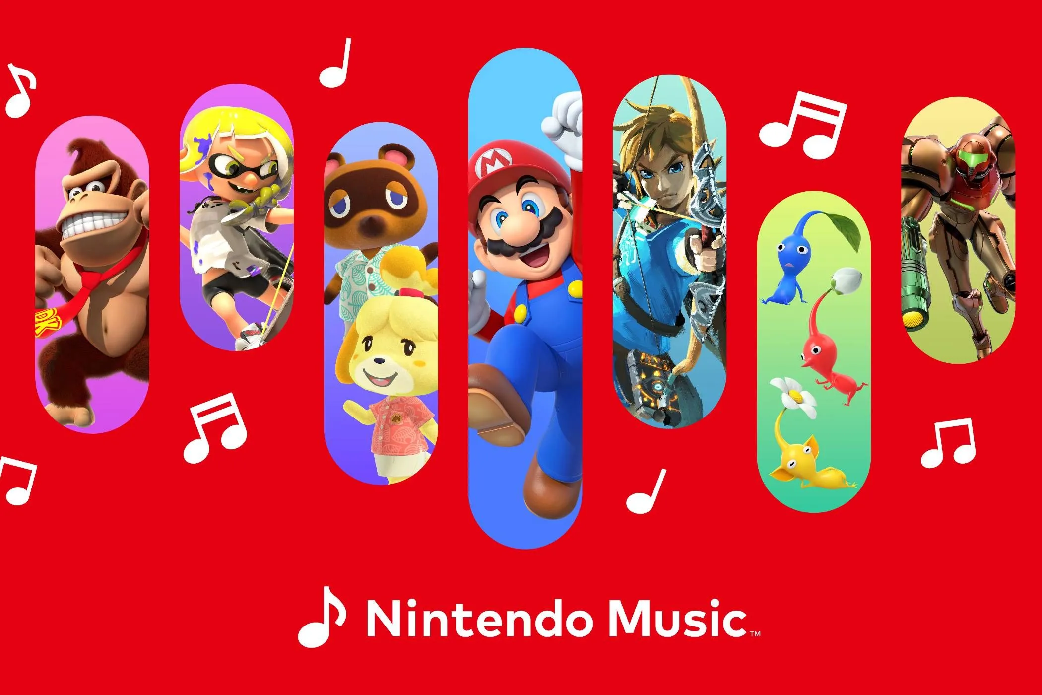 Logo Nintendo Music cùng các nhân vật biểu tượng của Nintendo như Mario, Link và Donkey Kong, giới thiệu dịch vụ nghe nhạc độc quyền.