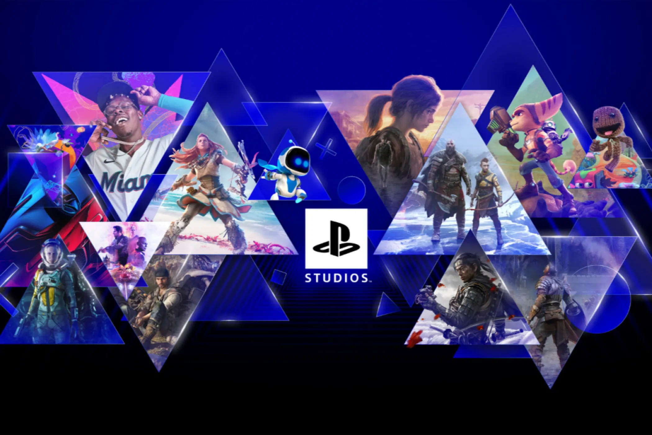 Logo PlayStation Studios cùng các biểu tượng của nhiều thương hiệu game PlayStation nổi tiếng, thể hiện di sản và tiềm năng của các tựa game độc quyền Sony.