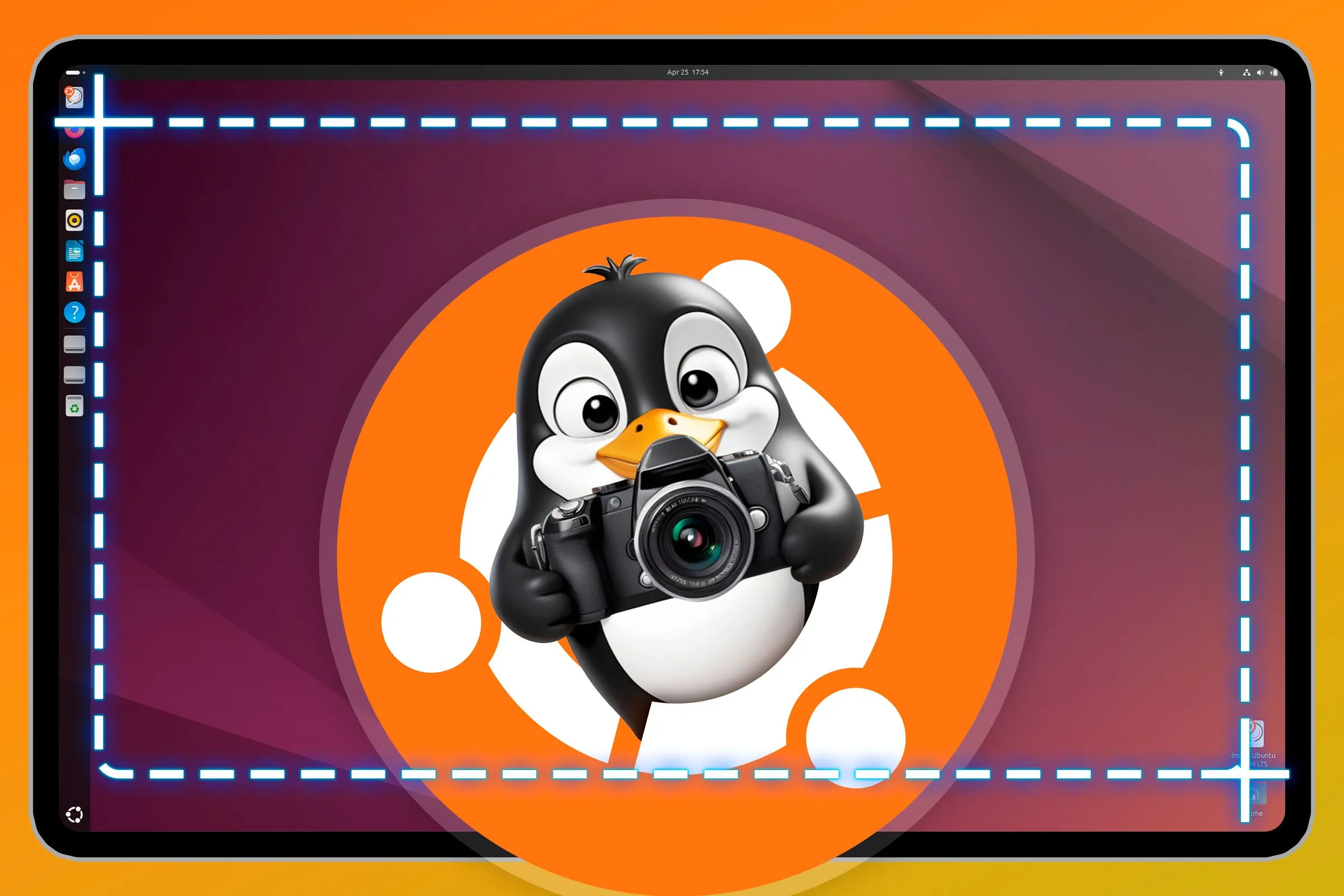 Logo Ubuntu cùng linh vật Linux cầm máy ảnh và màn hình chính Ubuntu làm nền, liên quan đến chụp màn hình trên hệ điều hành này.