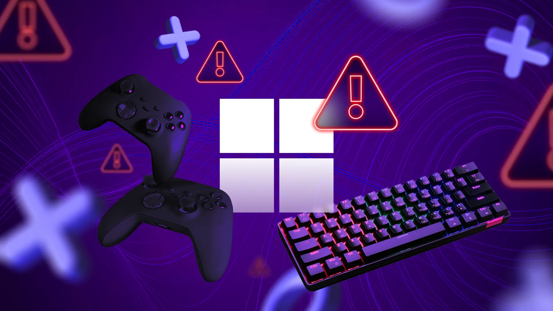Logo Windows bao quanh bởi tay cầm chơi game và bàn phím, có nhiều dấu hiệu cảnh báo, thể hiện sự kém tối ưu của Windows cho trải nghiệm gaming.