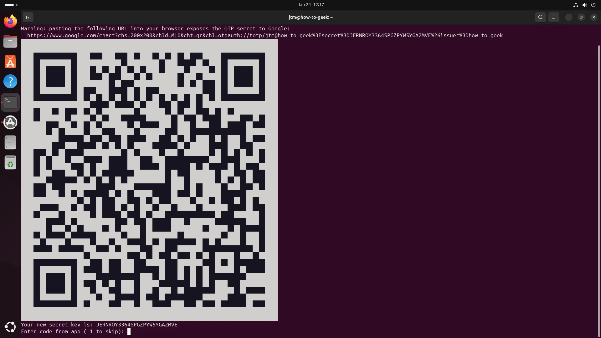 Mã QR được tạo bởi Google Authenticator trong Terminal Ubuntu để cấu hình 2FA trên ứng dụng di động.