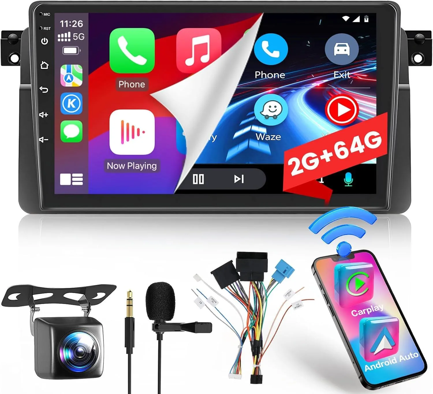 Màn hình Android Hikity 2+64GB dành cho BMW E46, hiển thị giao diện.