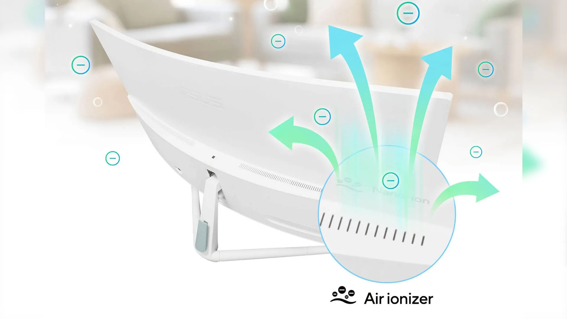Màn hình ASUS Air Ionizer cận cảnh, thể hiện thiết kế và vị trí của công nghệ ion hóa.