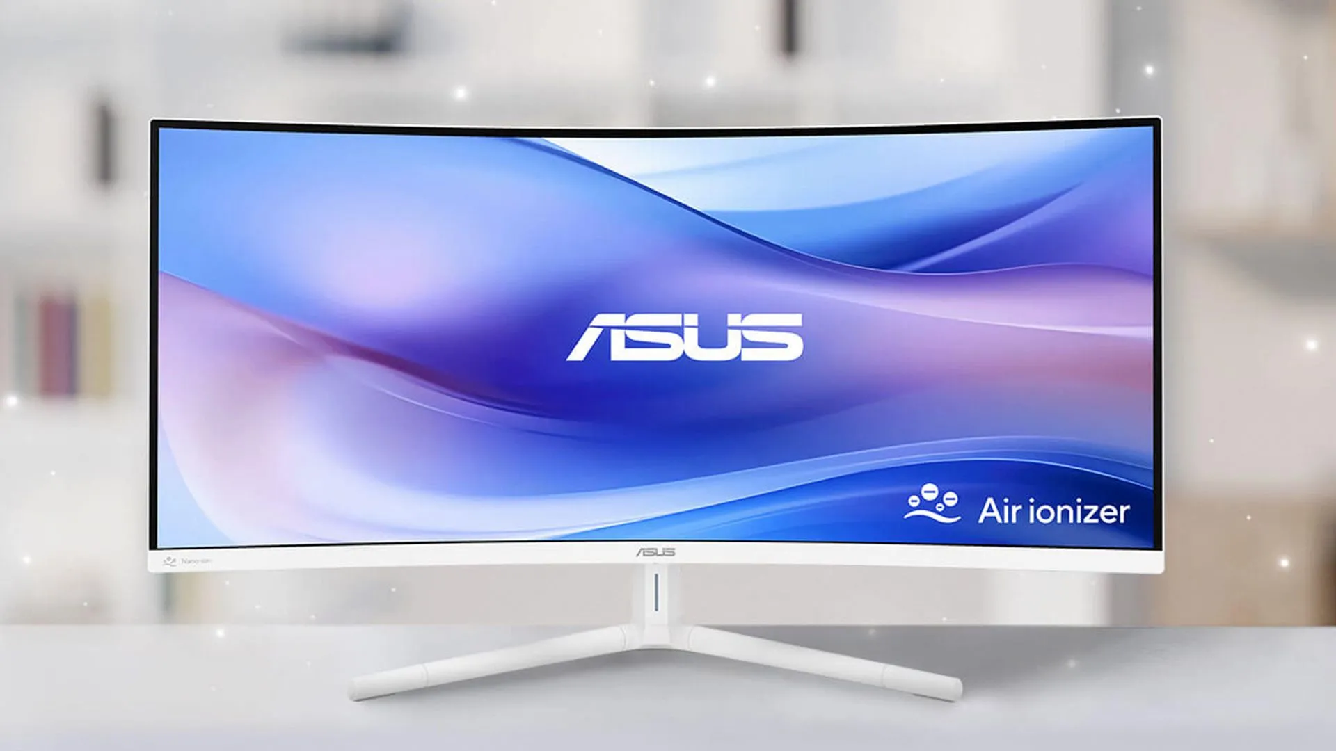Màn hình ASUS Air Ionizer nhìn từ phía trước, minh họa thiết kế tổng thể và sự tích hợp công nghệ làm sạch không khí.