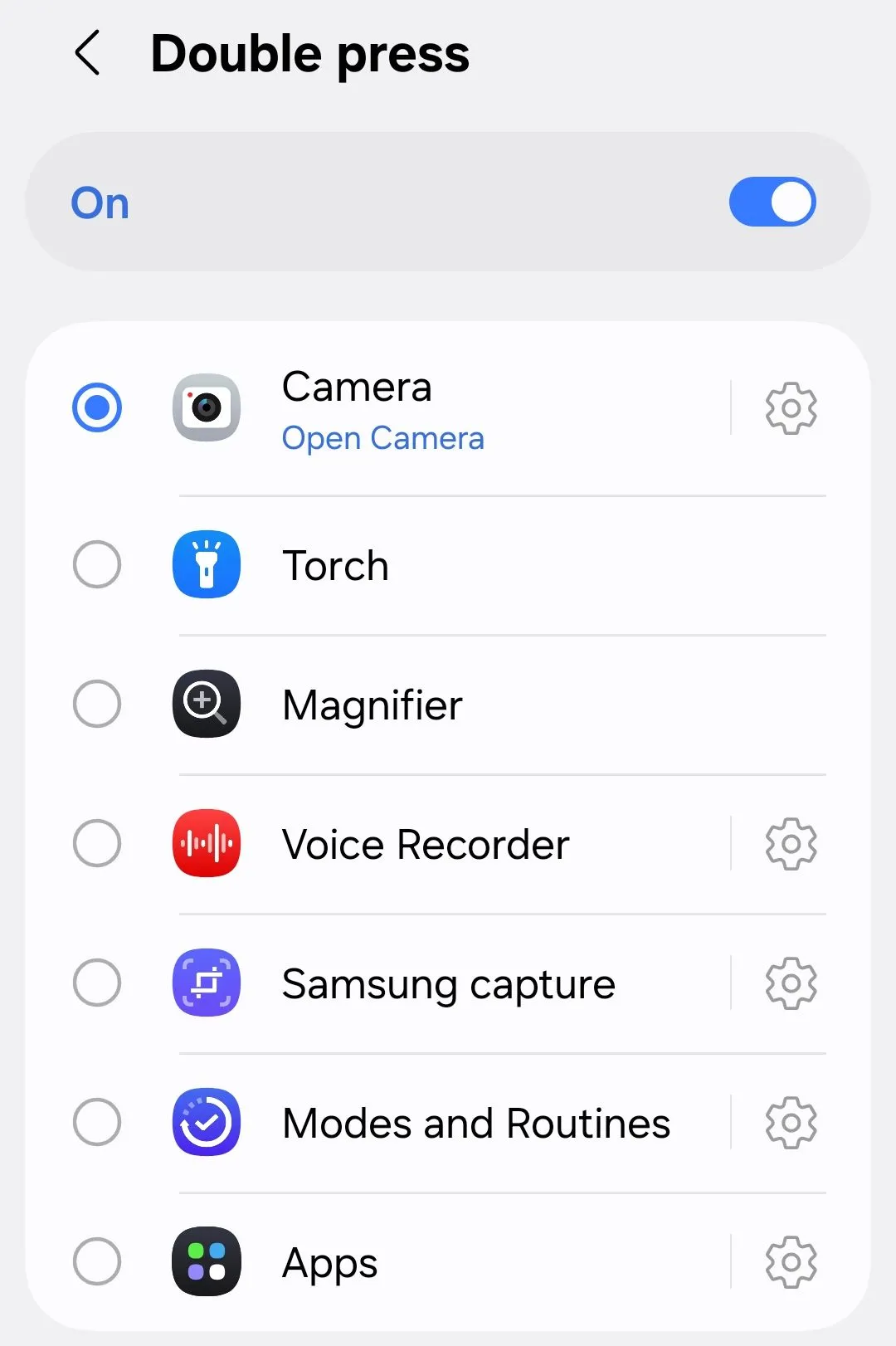 Màn hình cài đặt các tùy chọn cho thao tác nhấn đúp nút cạnh trên Samsung S25, bao gồm Camera và Chế độ.