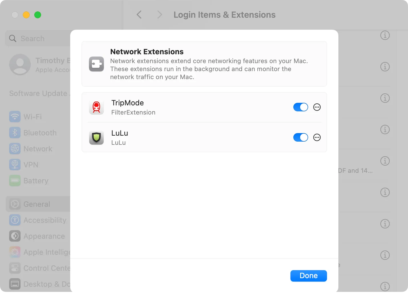 Màn hình Cài đặt Mở rộng Mạng trên macOS hiển thị tùy chọn bật LuLu để kiểm soát kết nối internet