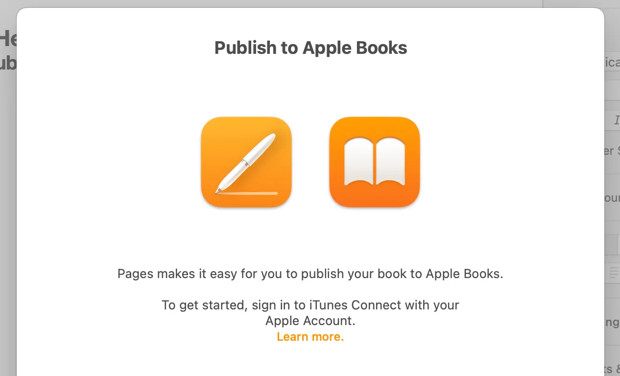 Màn hình chào mừng 'Xuất bản lên Apple Books' trong ứng dụng Pages trên máy Mac