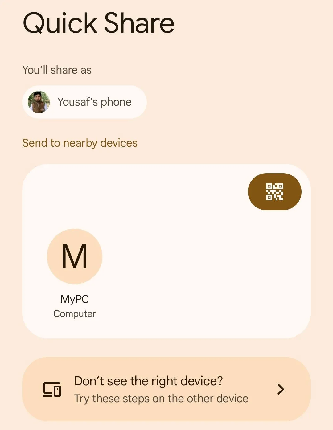 Màn hình chia sẻ file trên Android với tùy chọn Quick Share để gửi đến máy tính Linux