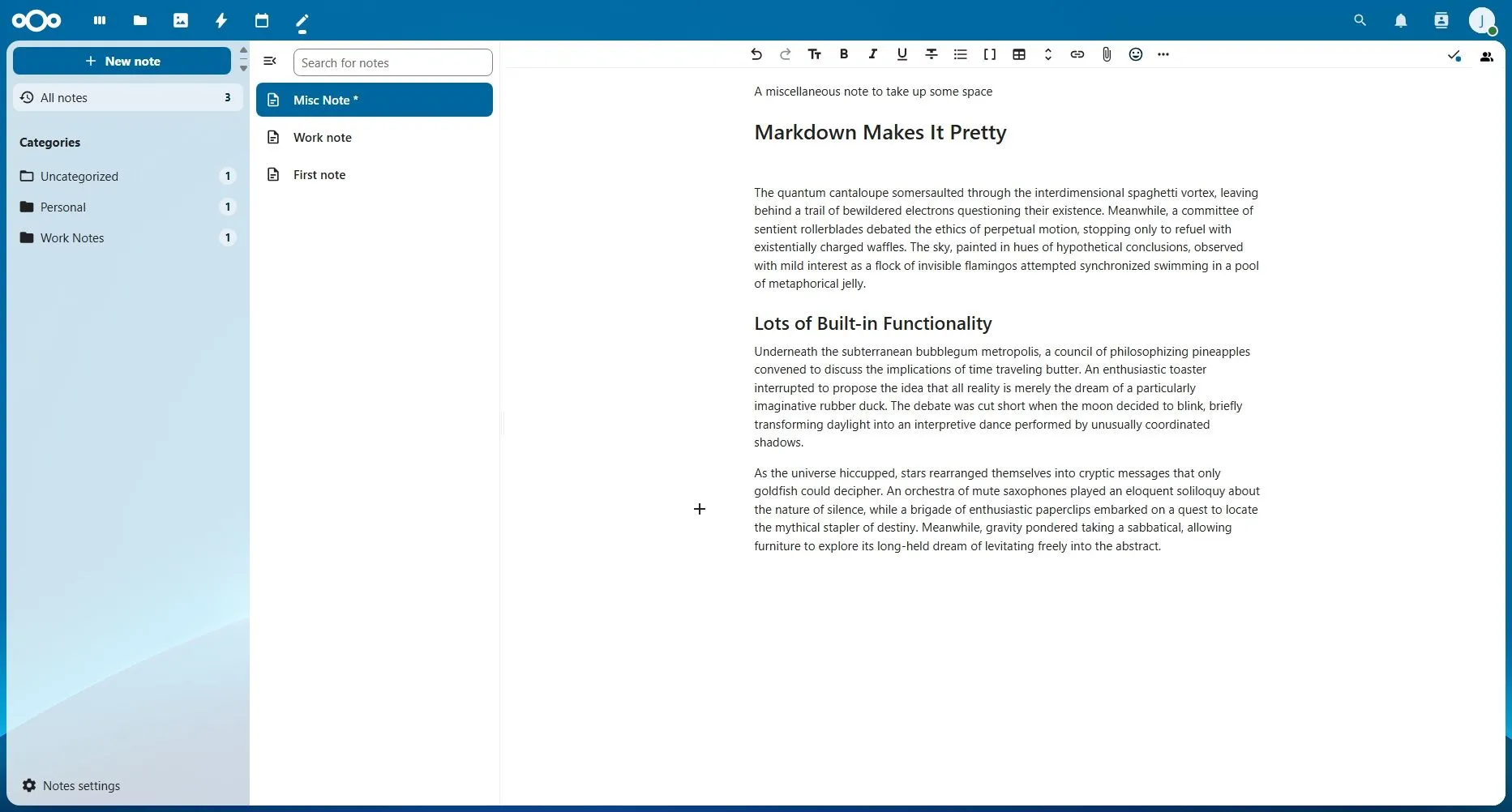 Màn hình chính ứng dụng Nextcloud Notes với một ghi chú đang được hiển thị, hỗ trợ định dạng Markdown.
