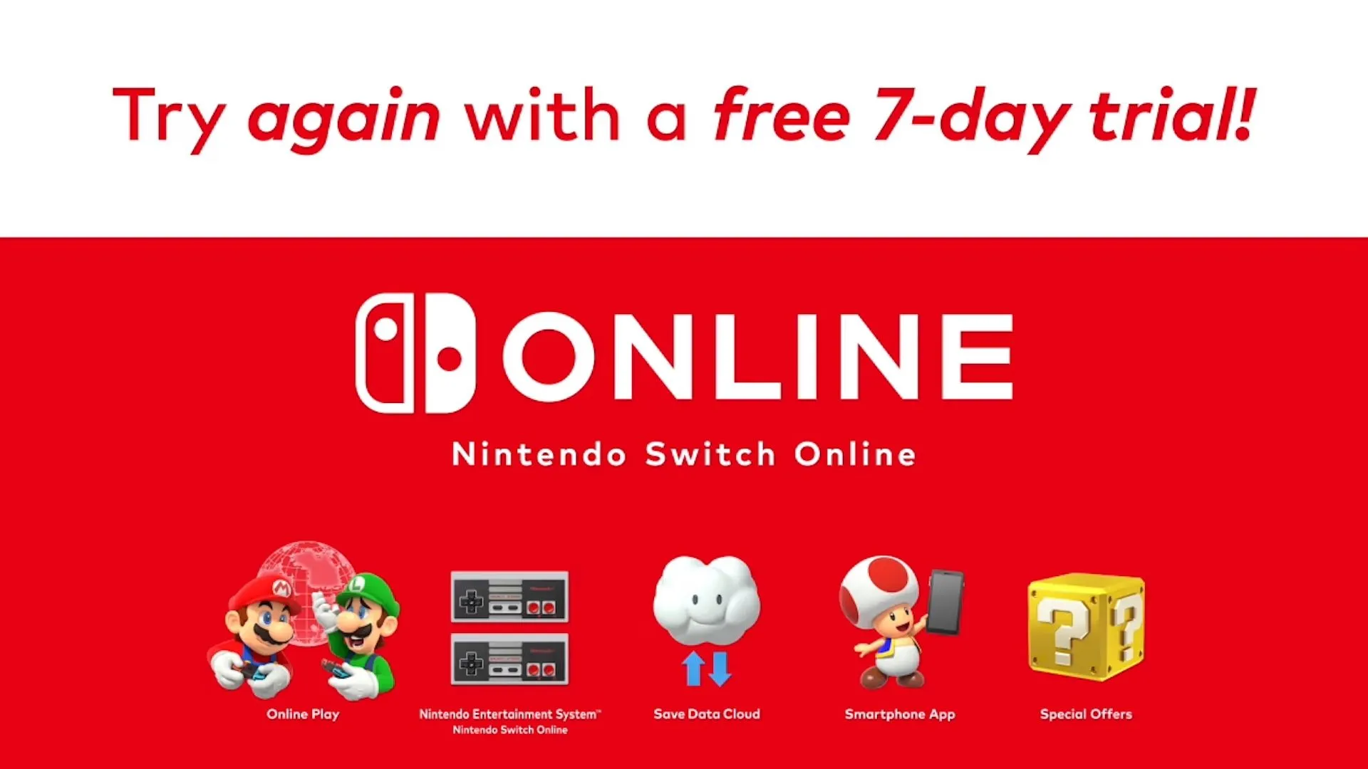 Màn hình đăng ký dùng thử miễn phí 7 ngày của Nintendo Switch Online trên eShop.